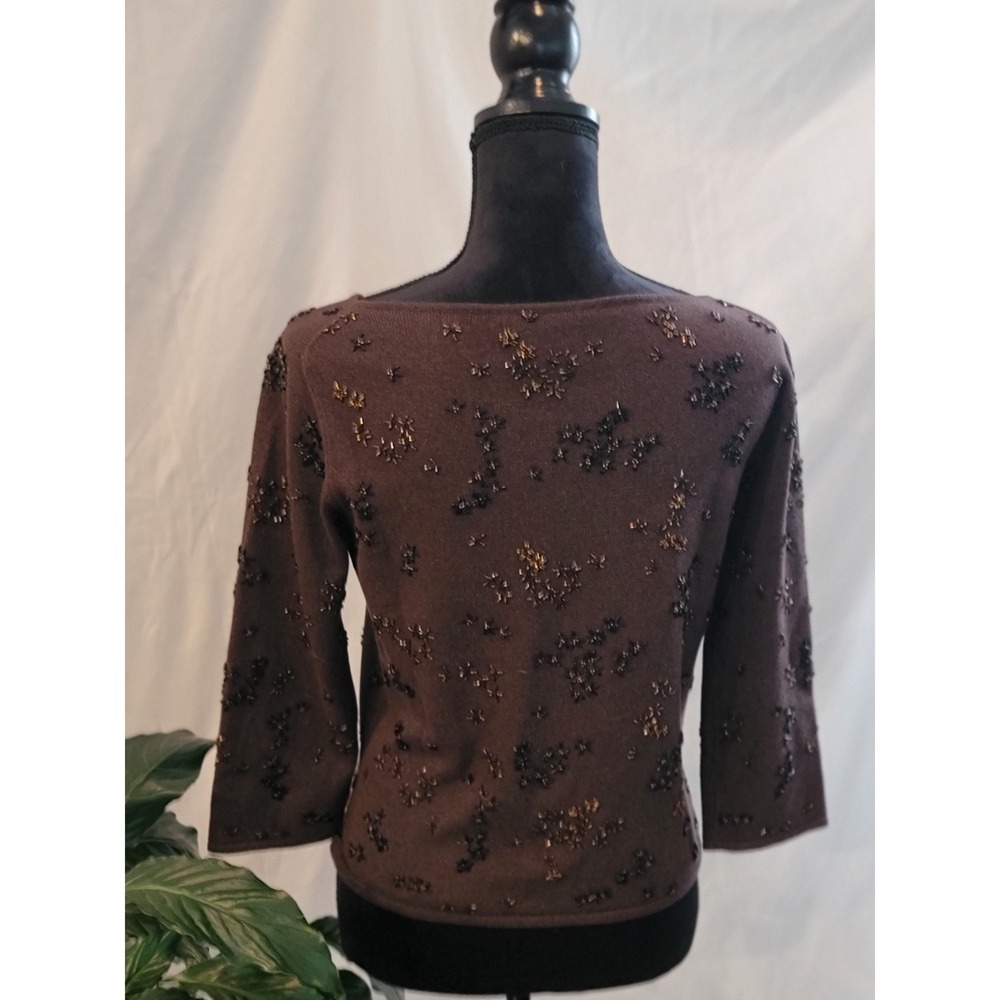 Carmen Marc Valvo Silk Cashmere Beaded Sweater Brown Metallic 3/4 Sleeve M